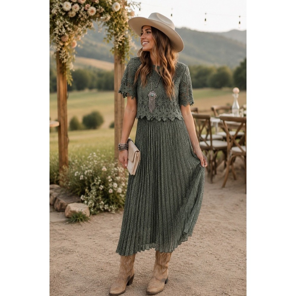 Orange Creek Sage Crochet-Lace Pleated Midi Dress — Sz S — NWT